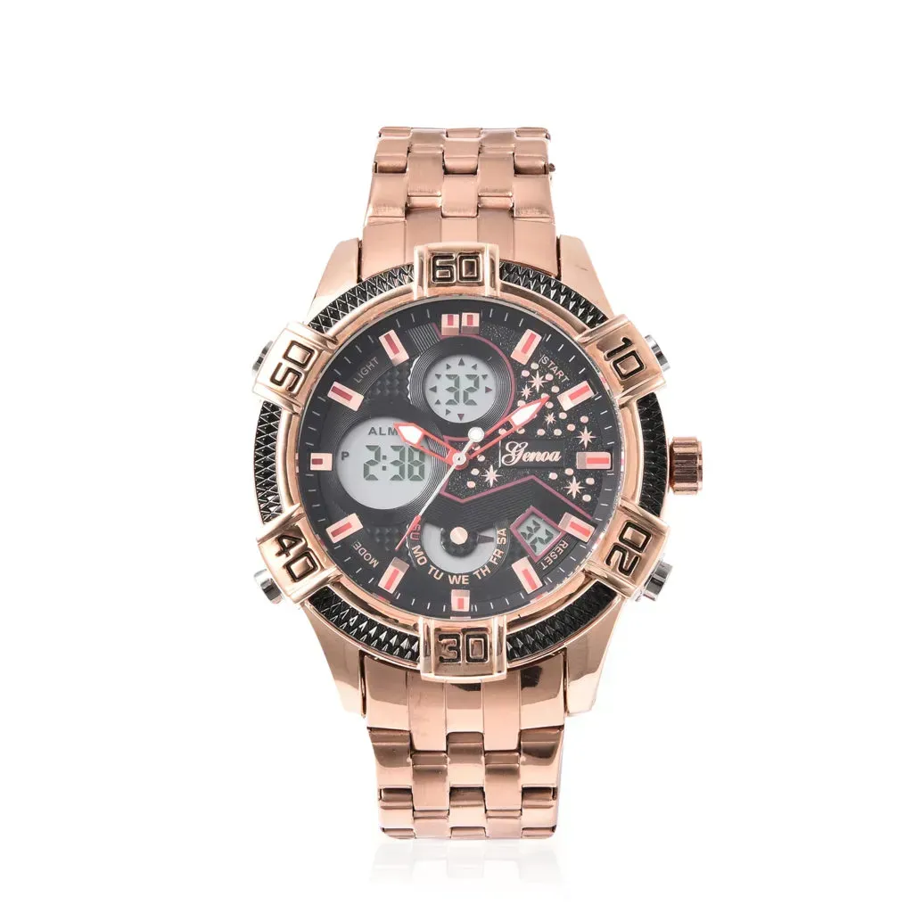 GENOA Miyota Japanese Dual Movement Multi-functional Men's Watch with ION Plated RG Stainless Steel Strap & Back
