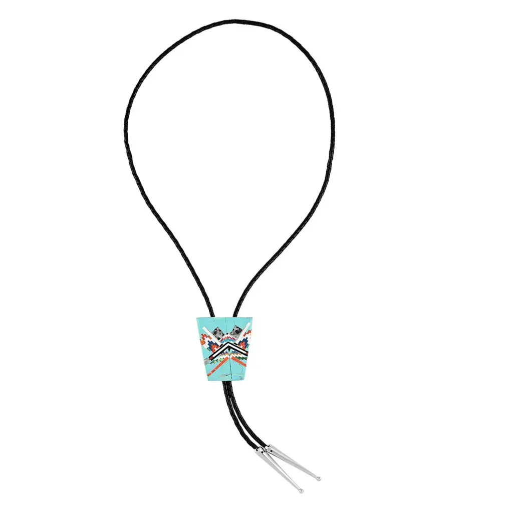 SANTA FE Style Turquoise and Multi Gemstone Bolo Necktie Necklace 40 Inches in Black Leather & Sterling Silver 46 Grams (Made in USA) 11.15 ctw