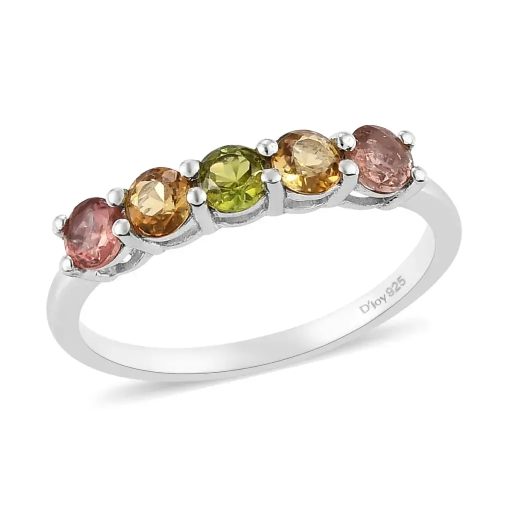 Multi Tourmaline 5 Stone Ring in Platinum Over Sterling Silver 1.35 ctw