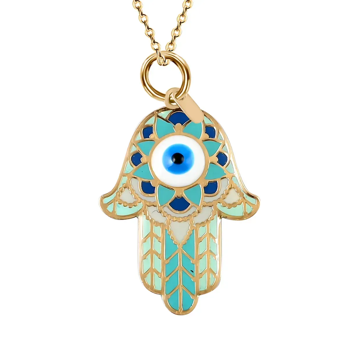 14K Yellow Gold Bohemian Enamel Hamsa Evil Eye Protector Pendant with Necklace