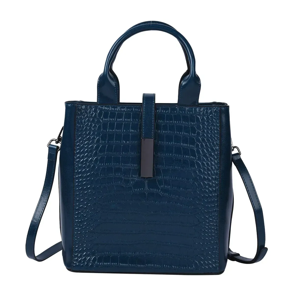 PASSAGE Navy Crocodile Embossed Genuine Leather Tote Bag for Women | Woven & Leather Strap | Satchel Purse | Shoulder Handbag | Designer Tote Bag