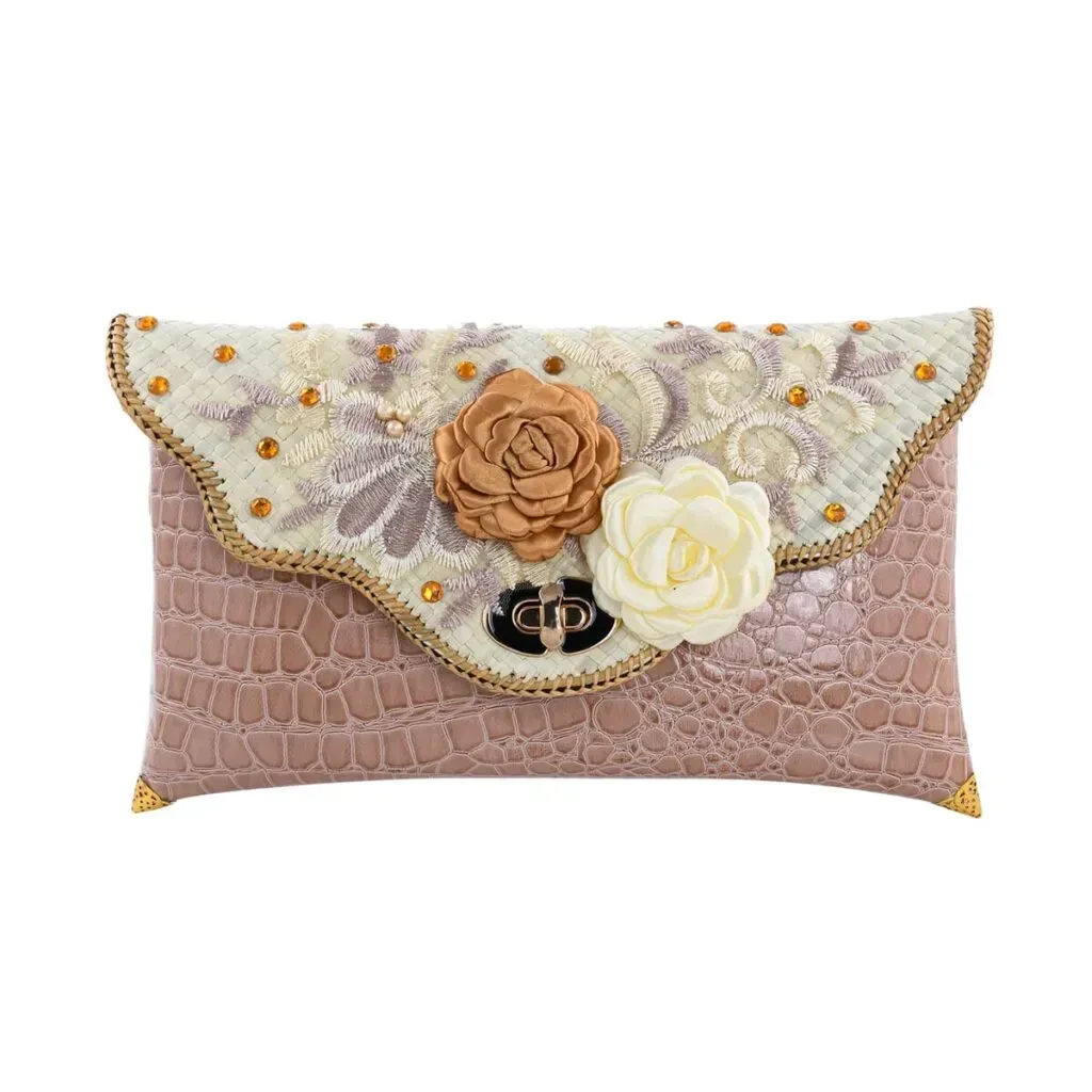 Handmade Beige Eco Friendly Croco Embossed Pandan Woven Clutch