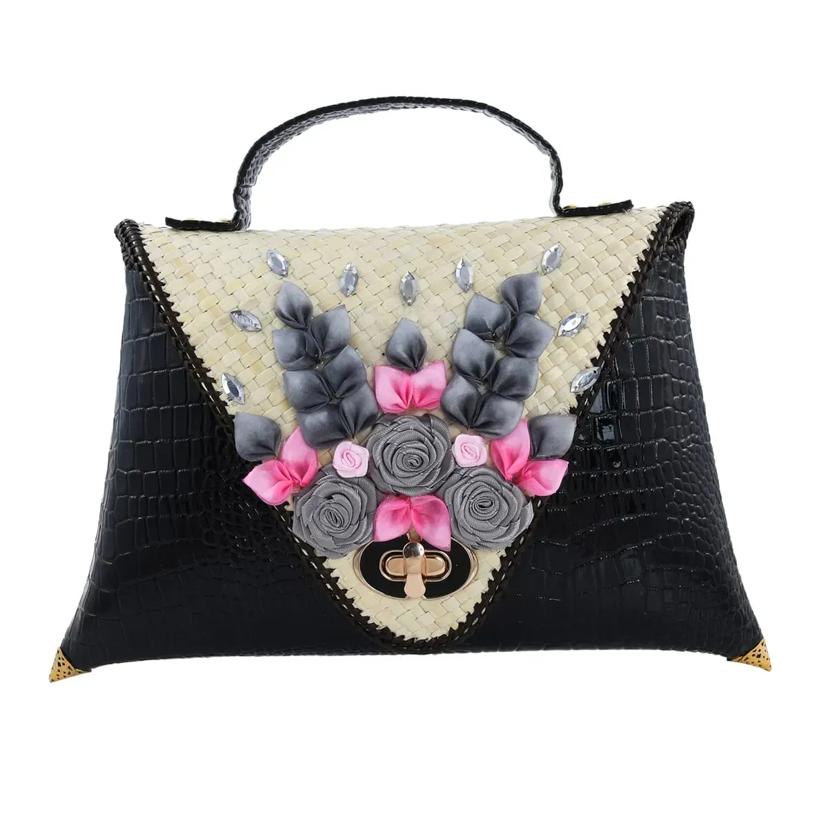 Handmade Black Eco Friendly Croco Embossed Pandan Woven Clutch