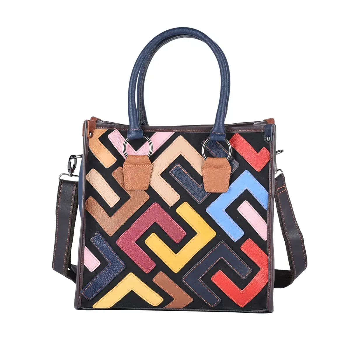 Chaos By Elsie Multi Solid Color Fret Pattern Genuine Leather Convertible Tote Bag with Handle and Shoulder Strap