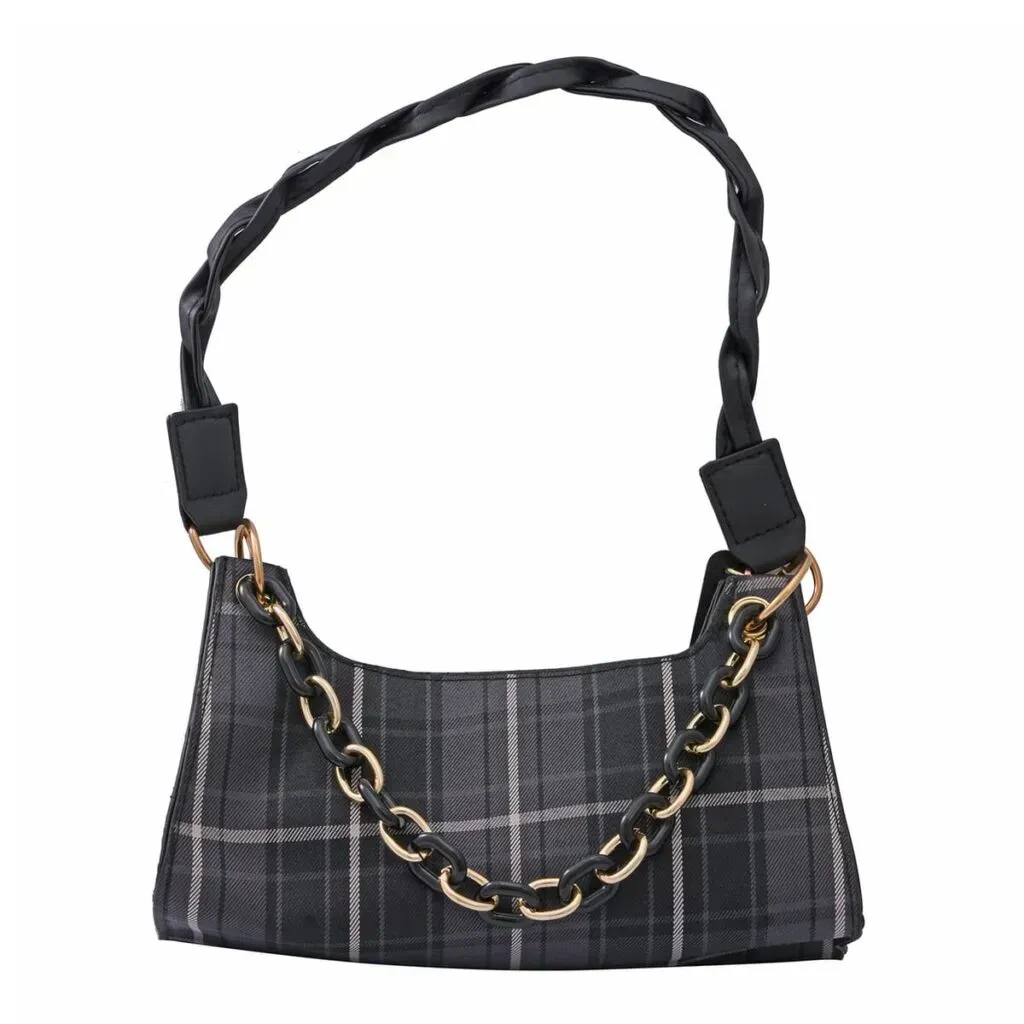 Royal Siamese Black Color Check Pattern Faux Leather Mini Handbag for Women with Handle Drop and Shoulder Strap | Mini Shoulder Bag | Designer Bags | Ladies Purse