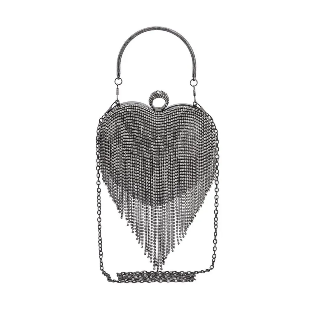 Black Sheeny Heart Shape Tassel Clutch Bag for Women with Handle and Removable Chain Strap | Women Purse | Designer Bags | Ladies Purse | Handbags for Women
