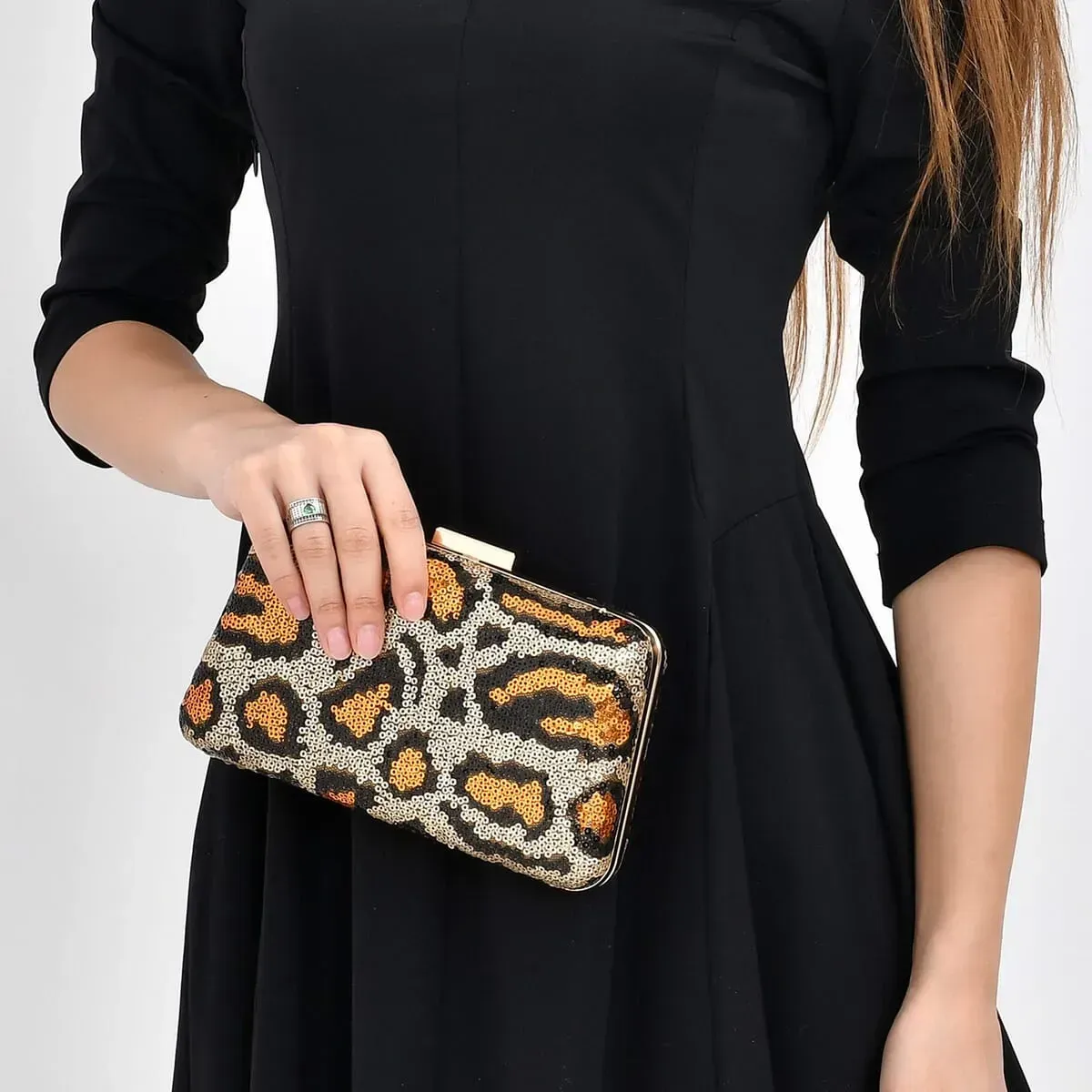 Golden Leopard Print Sequin Clutch Bag with 47 Inches Shoulder Strap