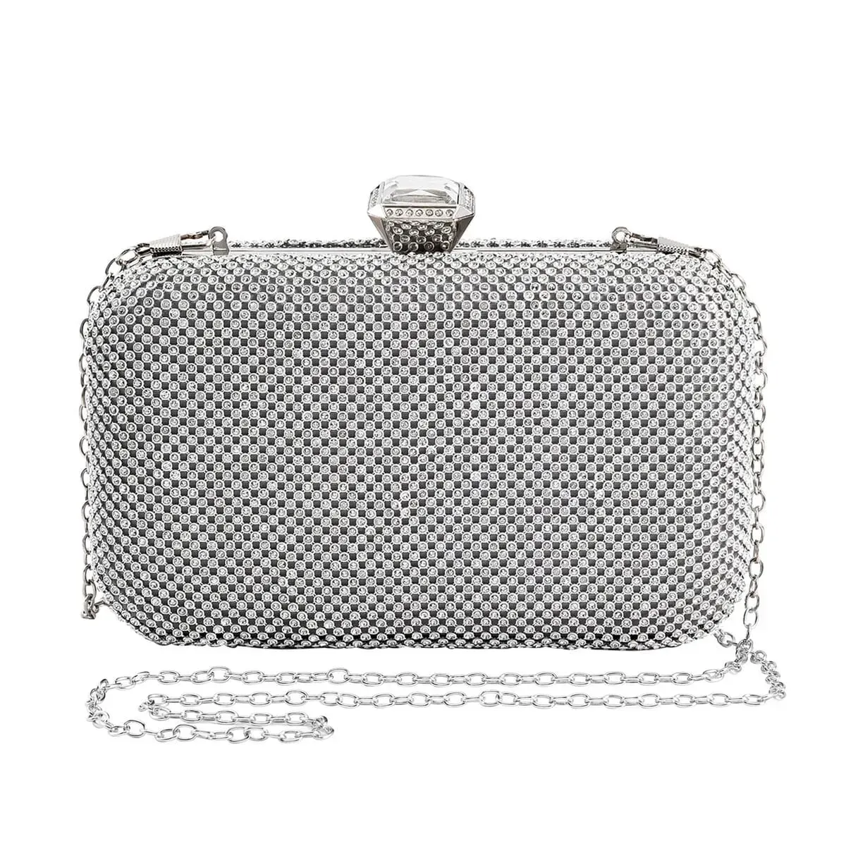Silver Color Iron and Crystal Clutch Bag with 47 Inches Chain Strap