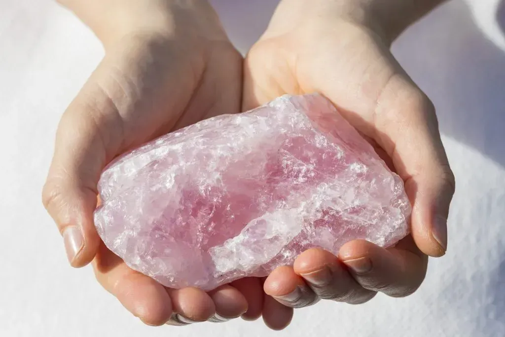 A large rose quartz rough held in two hands.