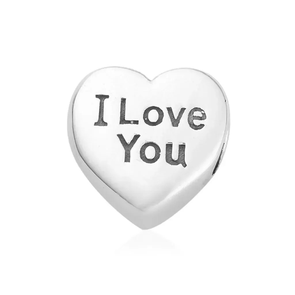 Silver heart charm that says "I love you."