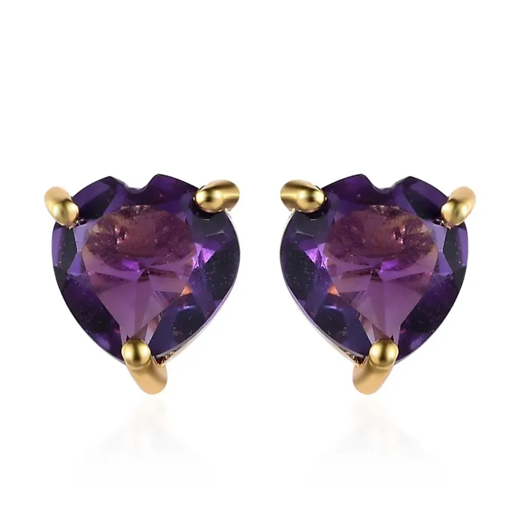 Uruguayan Amethyst Heart Stud Earrings in Vermeil Yellow Gold Over Sterling Silver