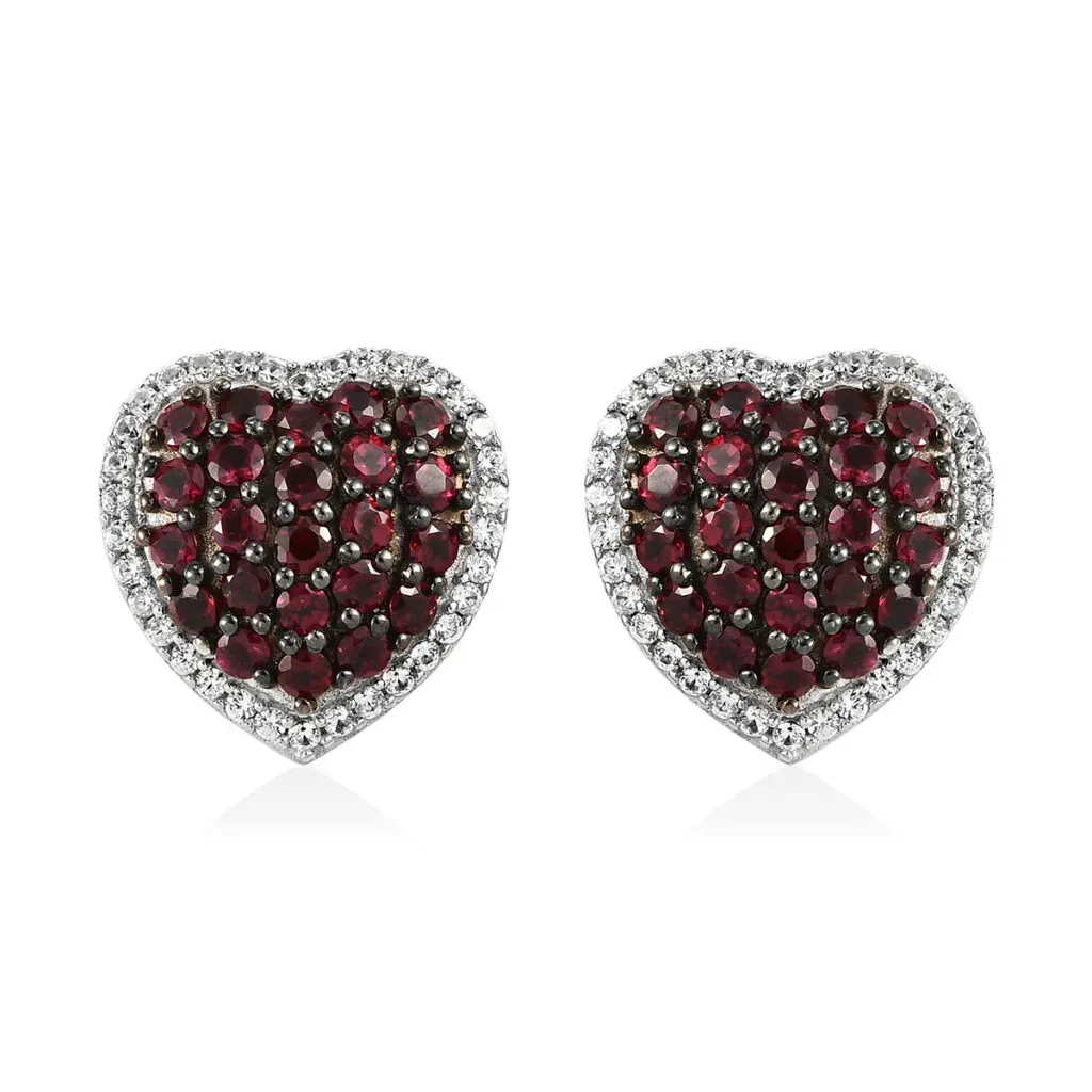 American Arizona Anthill Garnet and Natural White Zircon Heart Earrings in Platinum Over Sterling Silver