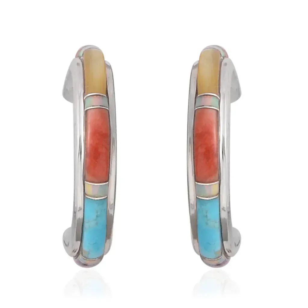 Multi gemstone silver hoop earrings. 