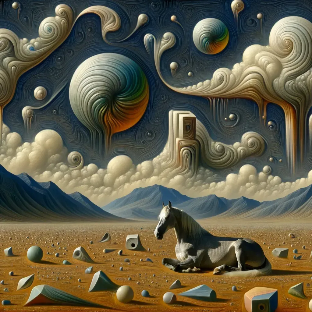 Gray horse in surreal dreamscape.