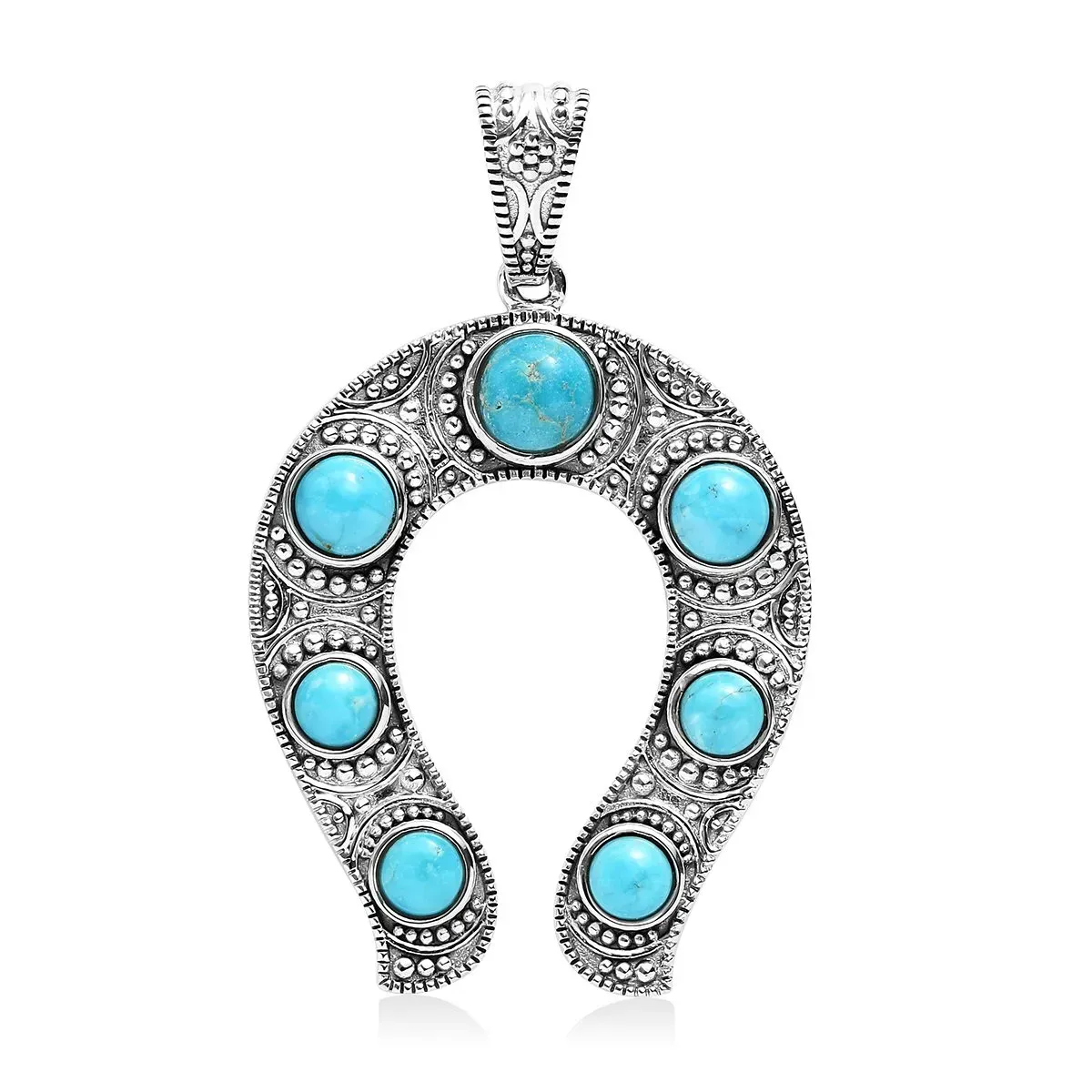 Artisan Crafted American Natural Blue Ridge Turquoise Horseshoe Pendant in Sterling Silver