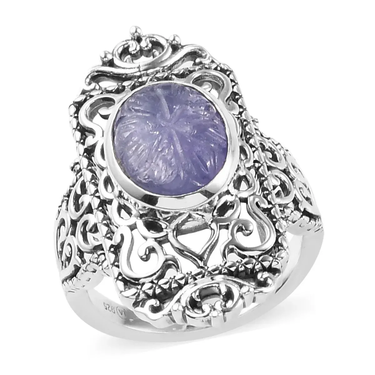 Carved tanzanite ring in sterling silver.