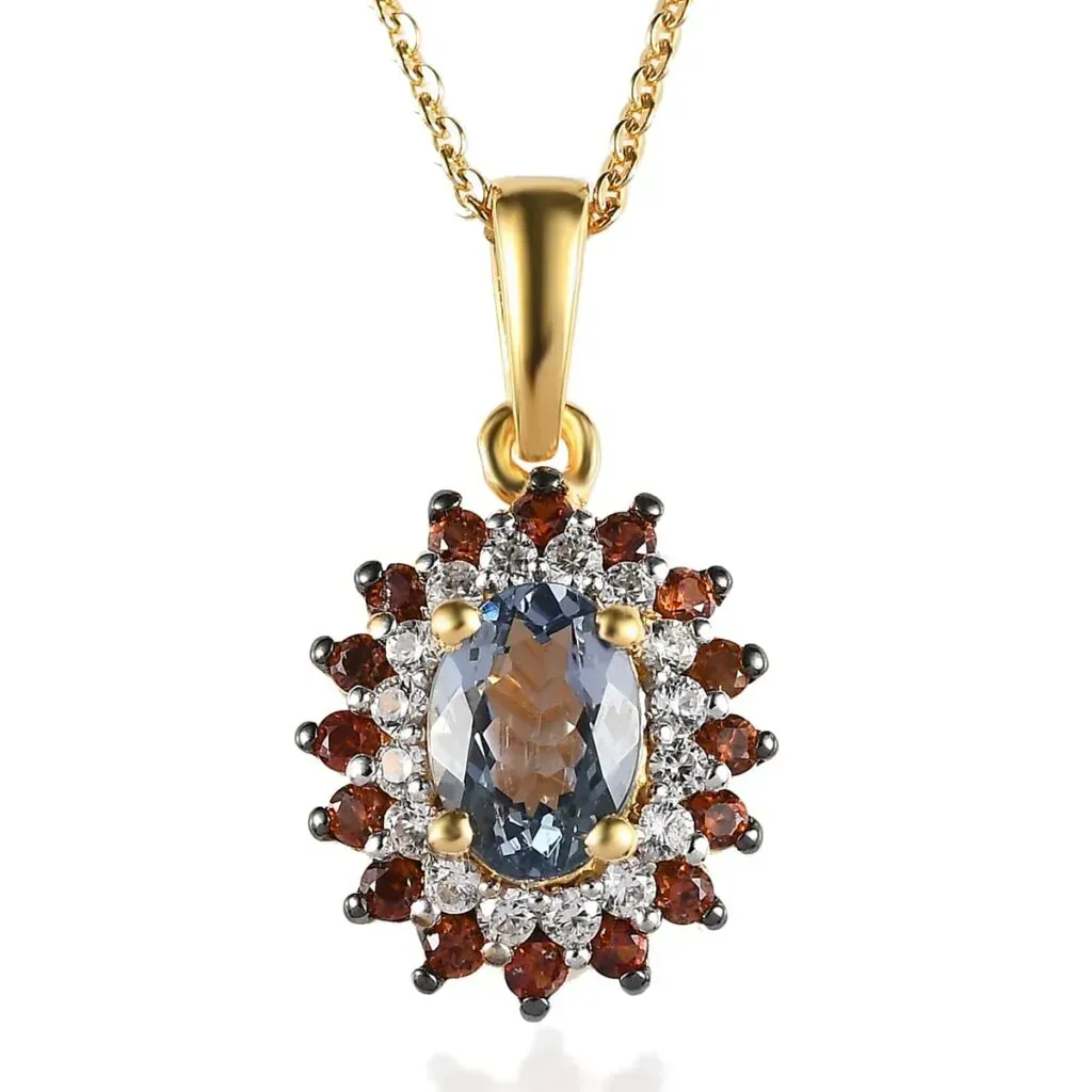 Green Tanzanite, Brown and White Zircon Sunburst Pendant Necklace 20 Inches in Vermeil Yellow Gold Over Sterling Silver 1.30 ctw