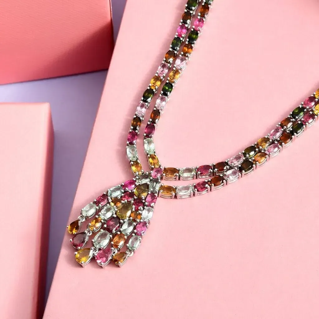 Multi-Tourmaline Water Fall Necklace 18 Inches in Platinum Over Sterling Silver 74.60 ctw