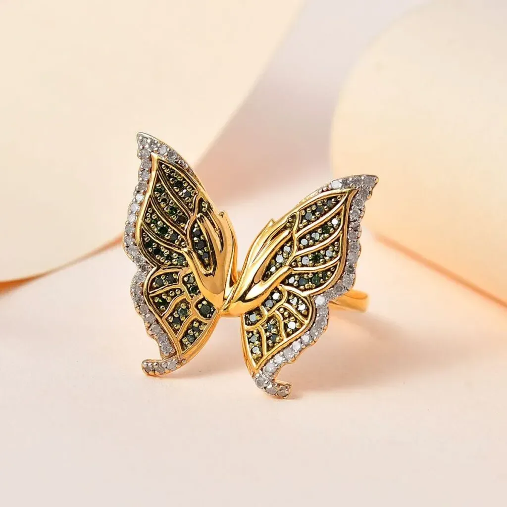 GP Italian Garden Collection Green and White Diamond Butterfly Ring in Vermeil Yellow Gold Over Sterling Silver 0.50 ctw