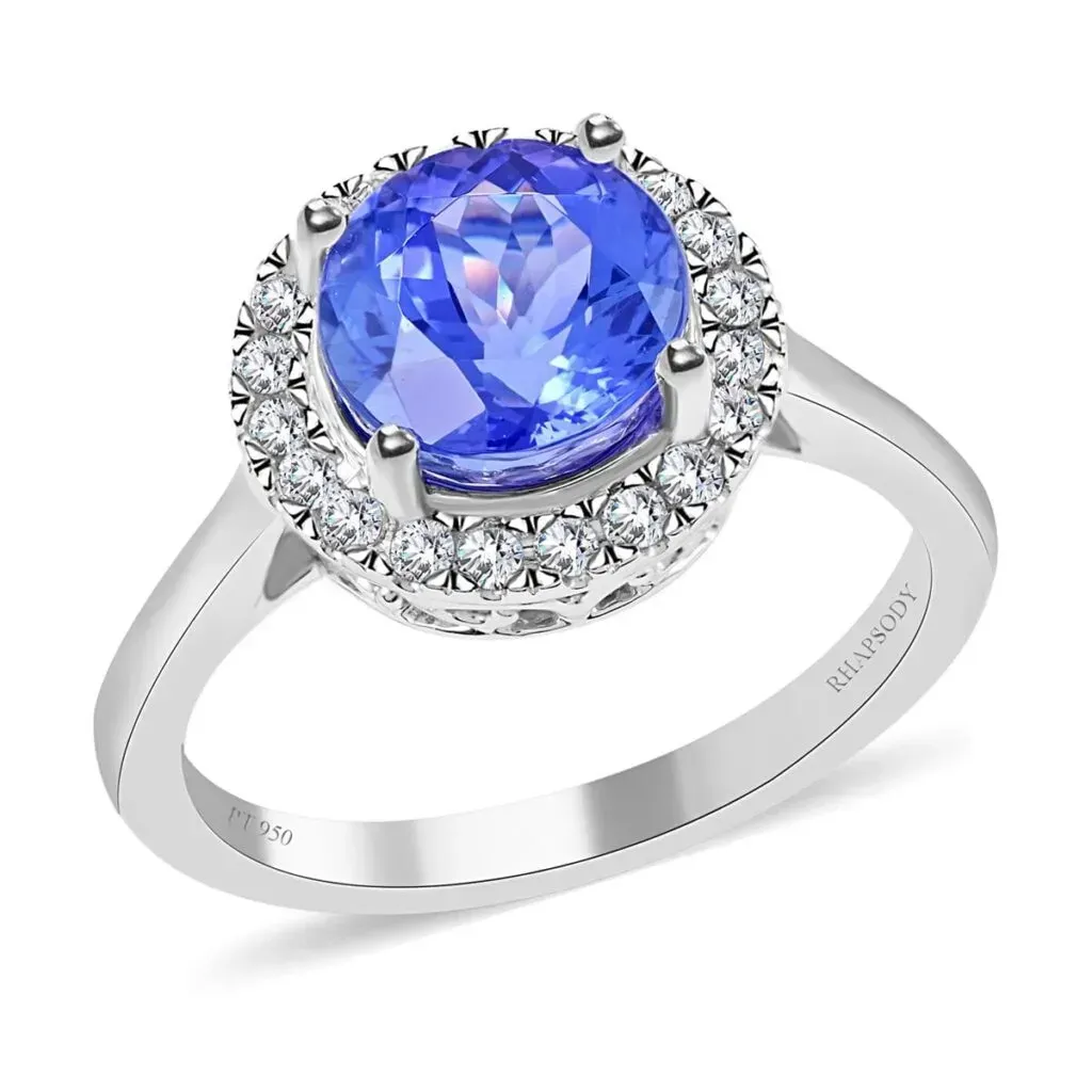 Certified and Appraised Rhapsody 950 Platinum AAAA Tanzanite and Diamond Halo Ring