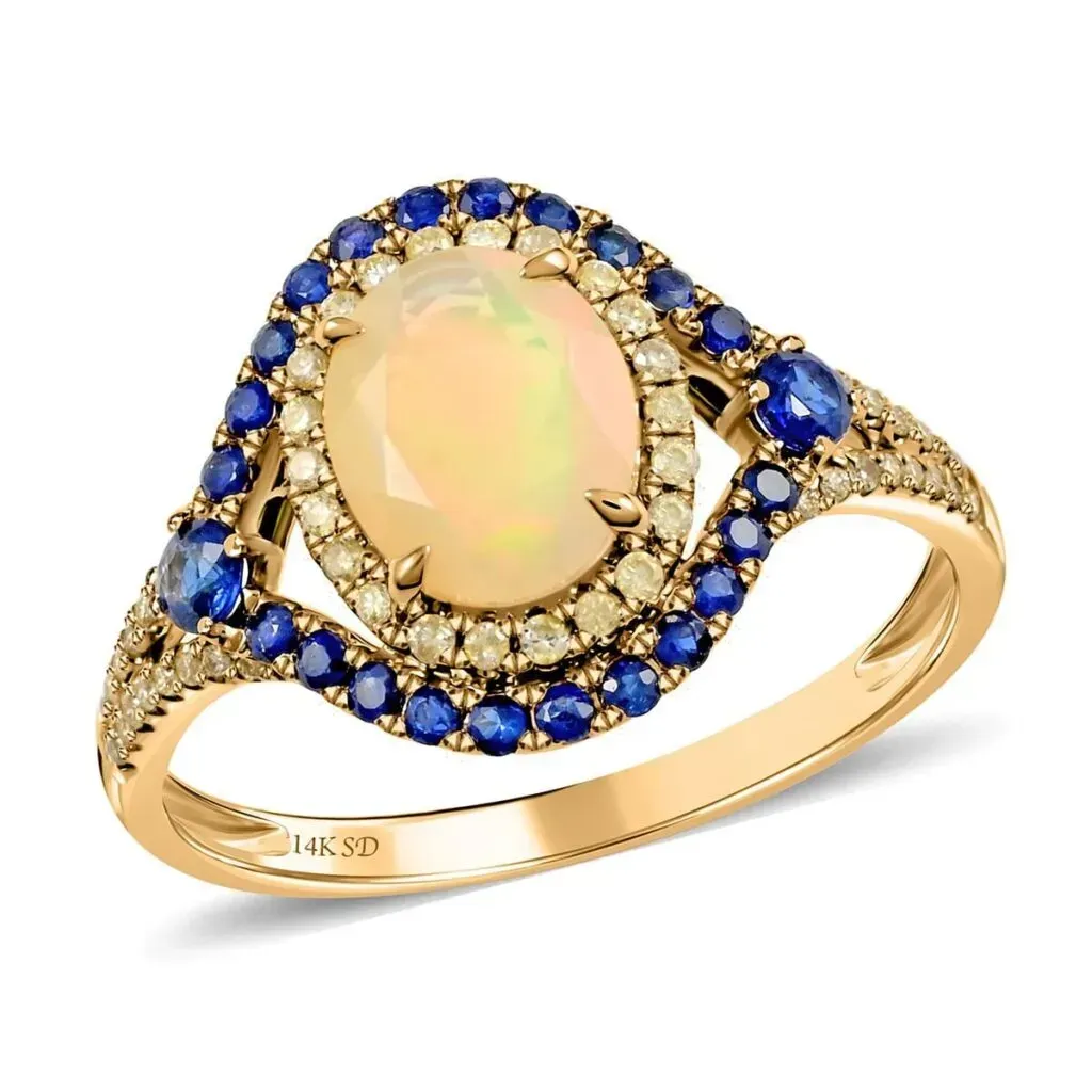 Modani 14K Yellow Gold Ethiopian Welo Opal, Blue Sapphire, Natural Yellow Diamond SI Ring 1.70 ctw