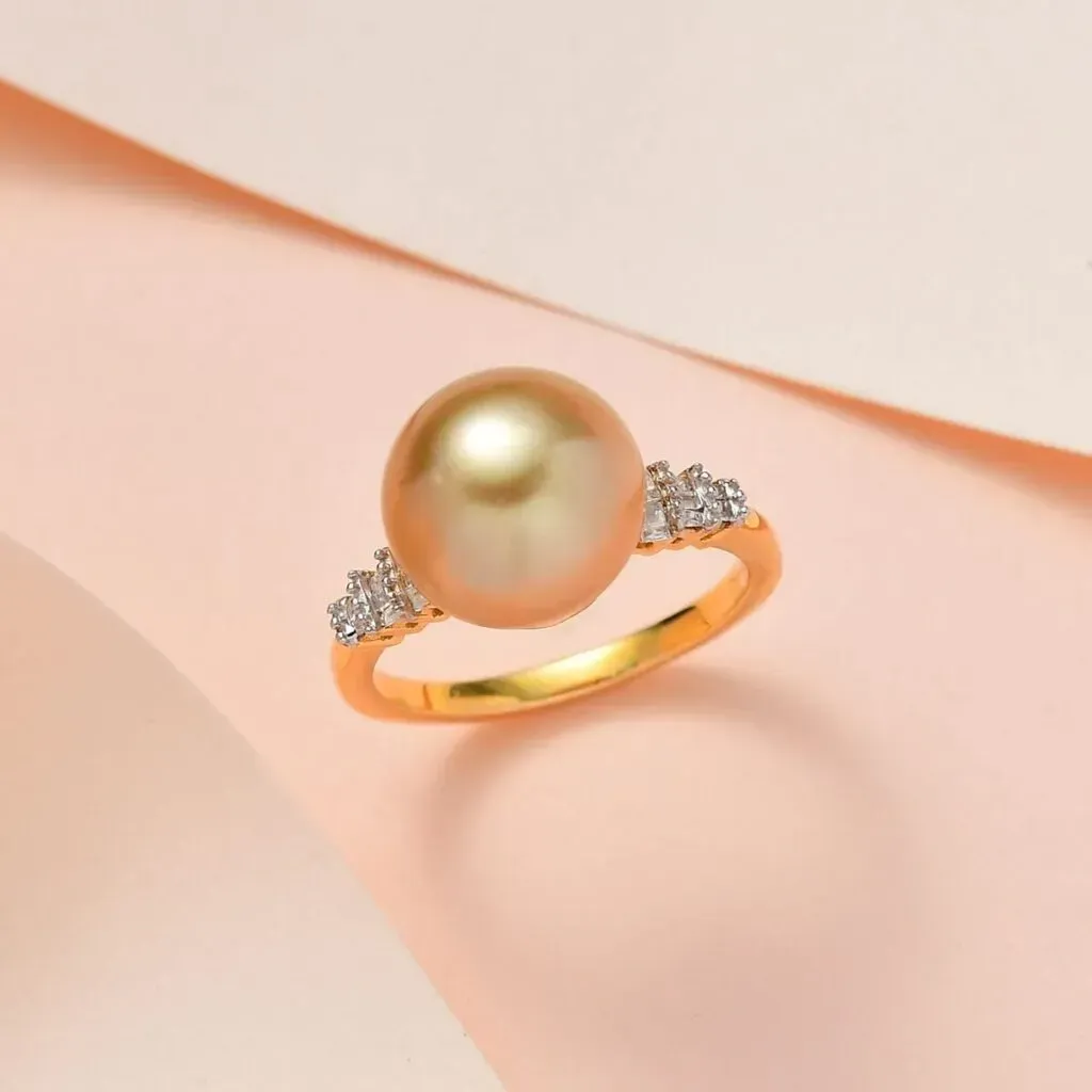 South Sea Golden Pearl and Diamond Ring in Vermeil Yellow Gold Over Sterling Silver 0.10 ctw
