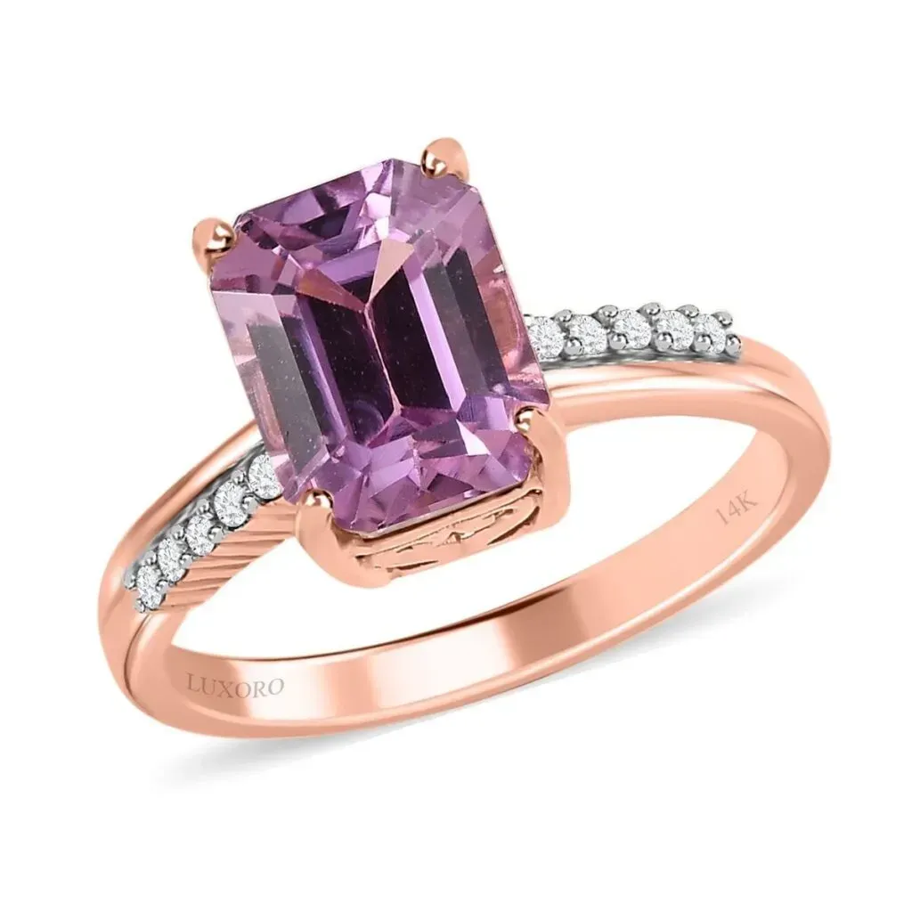 Luxoro 14K Rose Gold AAA Patroke Kunzite and G-H I3 Diamond Ring 4.50 ctw