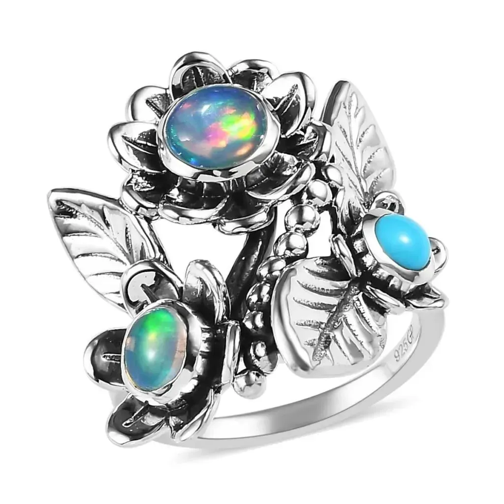 GP Italian Garden Collection Premium Ethiopian Welo Opal and Sleeping Beauty Turquoise Ring in Sterling Silver