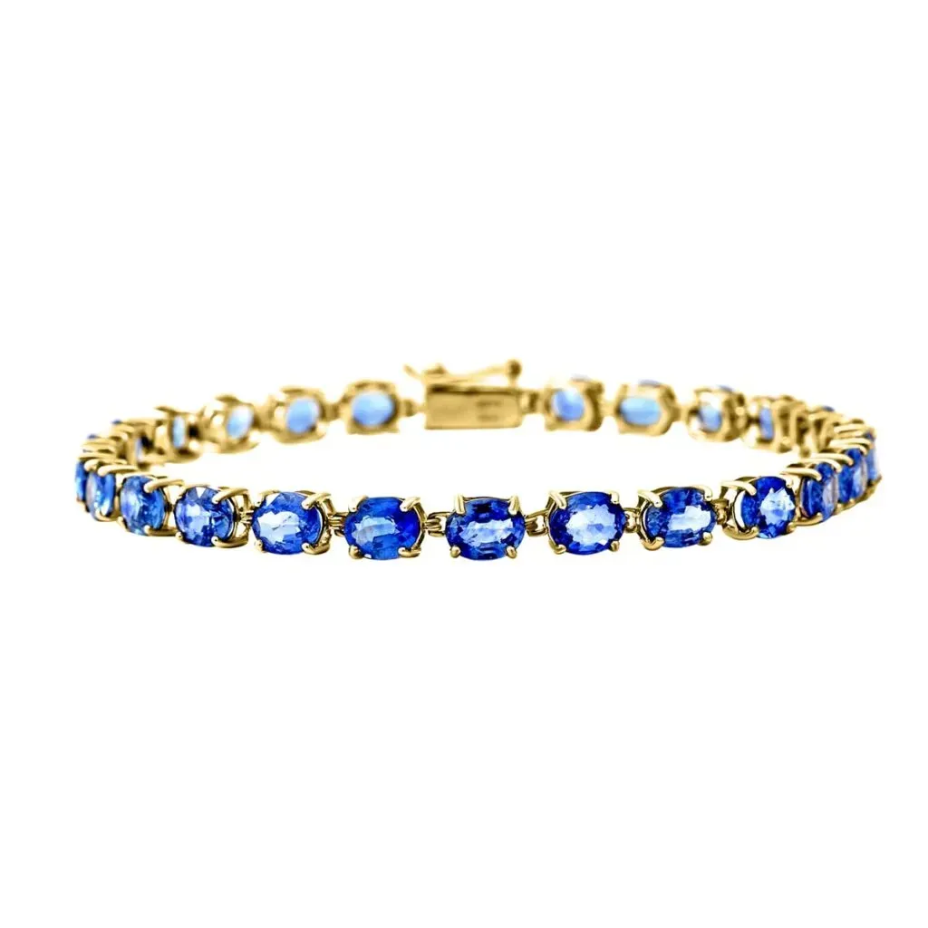 Luxoro 14K Yellow Gold Premium Ceylon Blue Sapphire Tennis Bracelet (6.50 In) 11.40 ctw