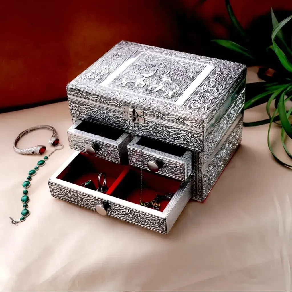 Oxidized Aluminum Elephant Embossed Grand 3 Drawer Jewelry Box | Jewelry Storage Box for Women | Travel Jewelry Case | Jewelry Organizer