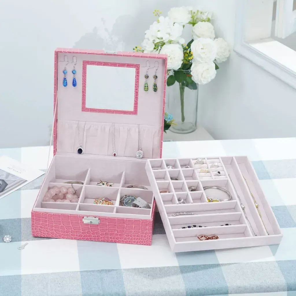 Pink Crocodile Skin Pattern 2 Layer Jewelry Box with Mirror & Lock | Jewelry Storage Box for Women | Jewelry Case | Jewelry Organizer