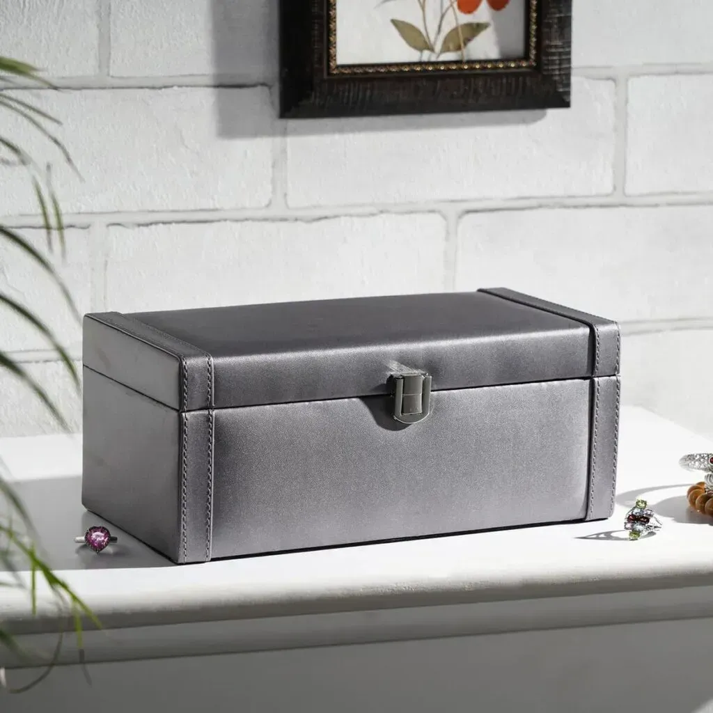 Gray Color Faux Leather and Wooden 2 Tier Jewelry Box