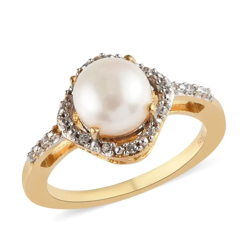 Freshwater Pearl, Zircon Birthstone Ring in Vermeil YG Over Sterling Silver 