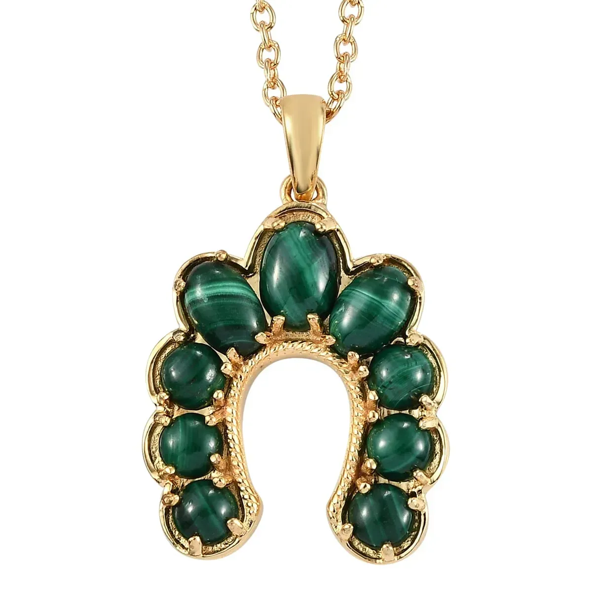 KARIS African Malachite Horseshoe Pendant Necklace 20 Inches in 18K YG Plated and ION Plated YG Stainless Steel 5.10 ctw