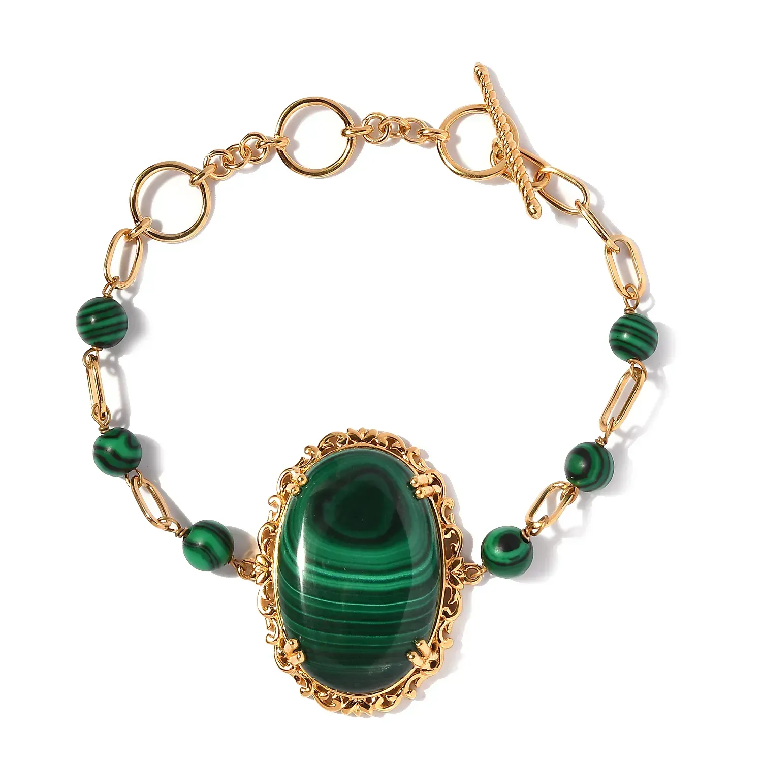 KARIS African Malachite Paper Clip Chain Toggle Clasp Bracelet in 18K YG Plated 
