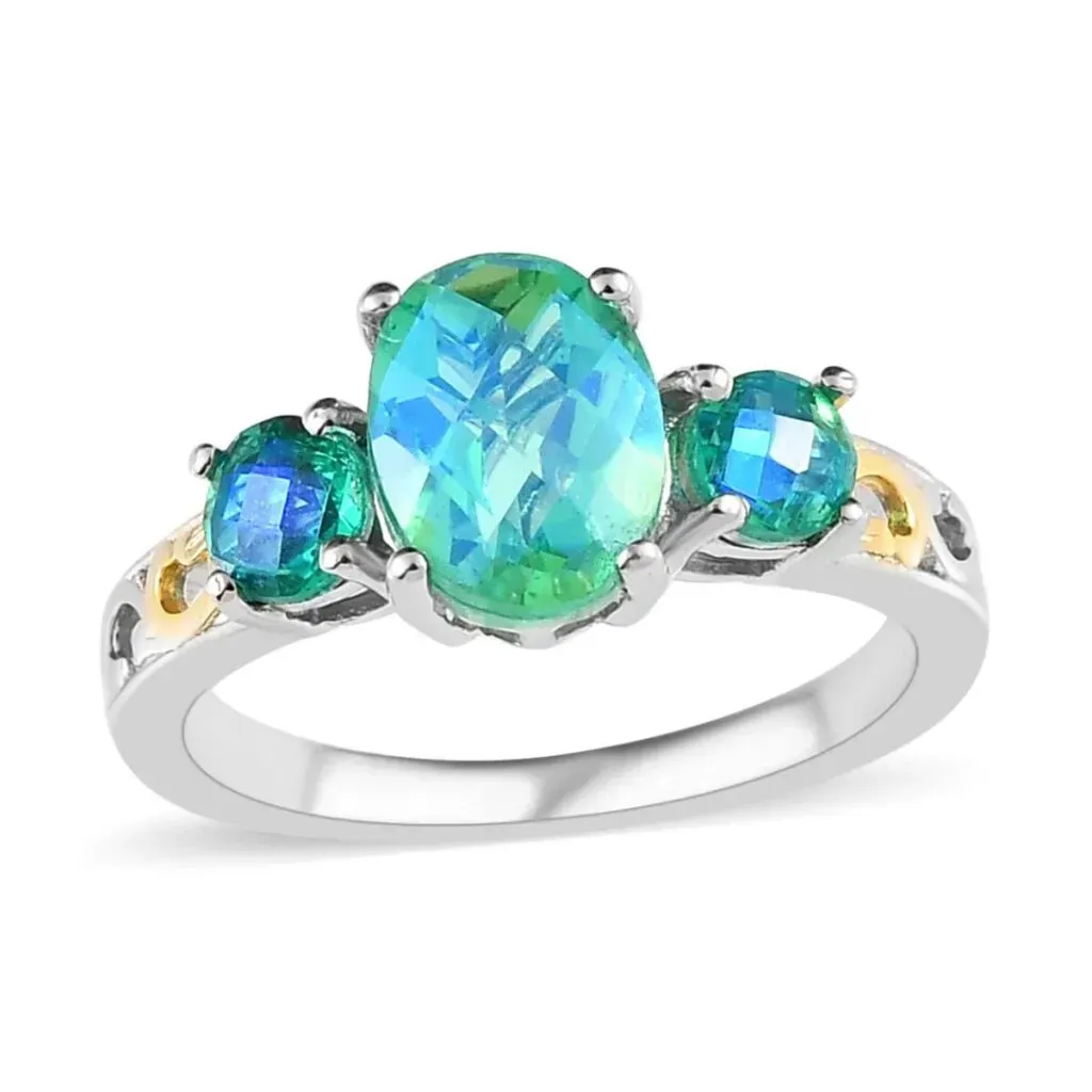 Karis Peacock Quartz (Triplet) 3 Stone Ring in 18K YG Plated and Platinum Bond 2.15 ctw