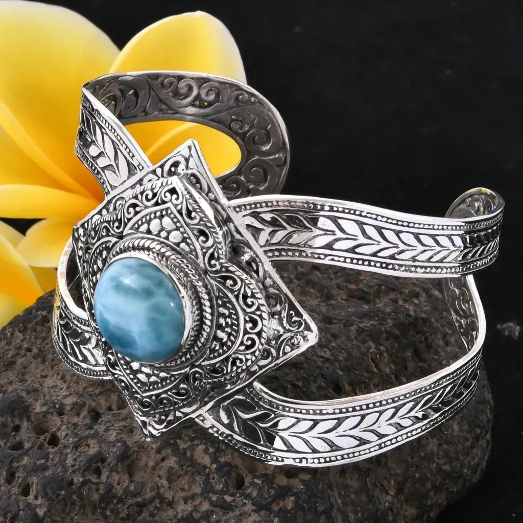 Larimar stone set in sterling silver cuff bracelet. 
