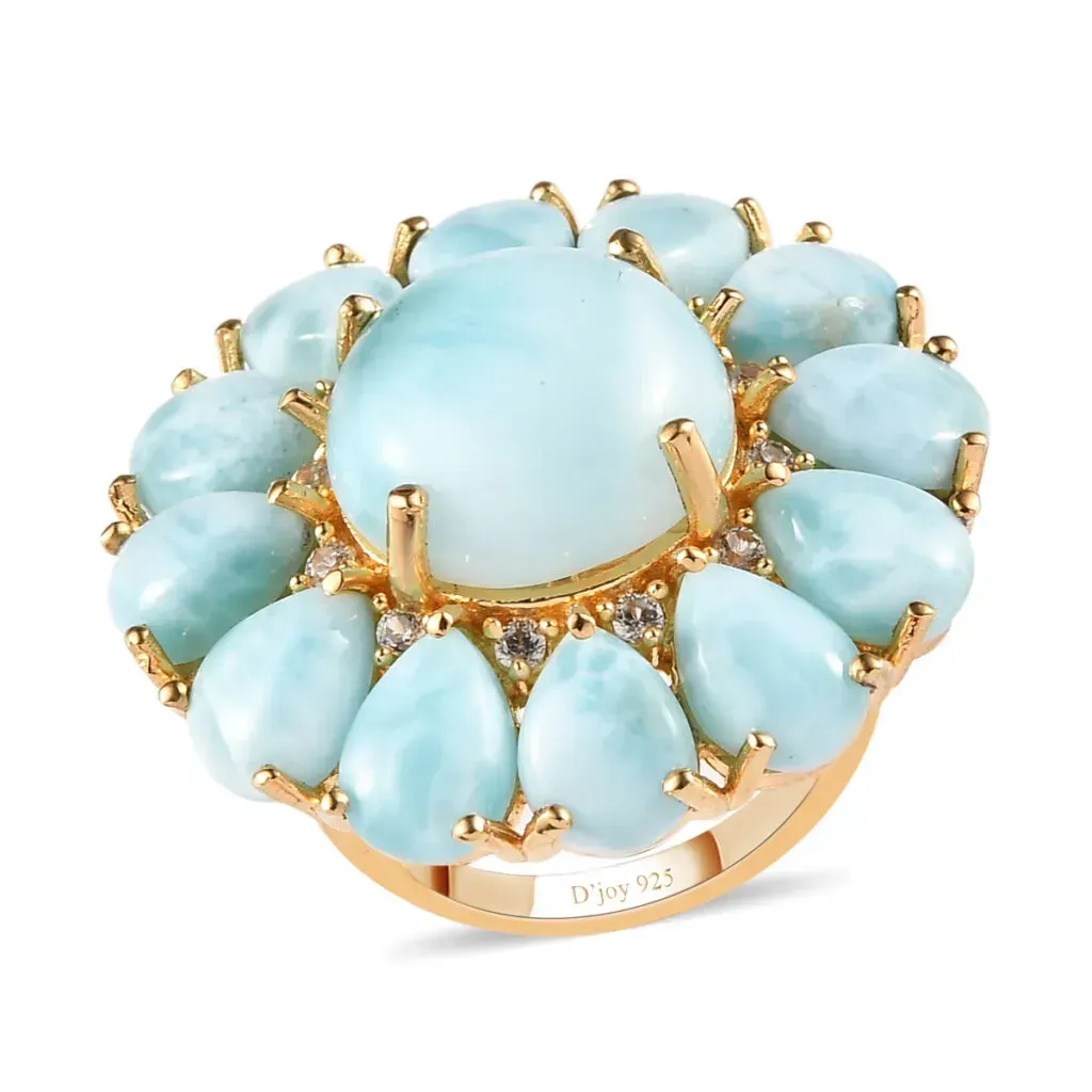 Larimar and Natural White Zircon Cocktail Ring in Vermeil Yellow Gold Over Sterling Silver 7.15 Grams 26.15 ctw