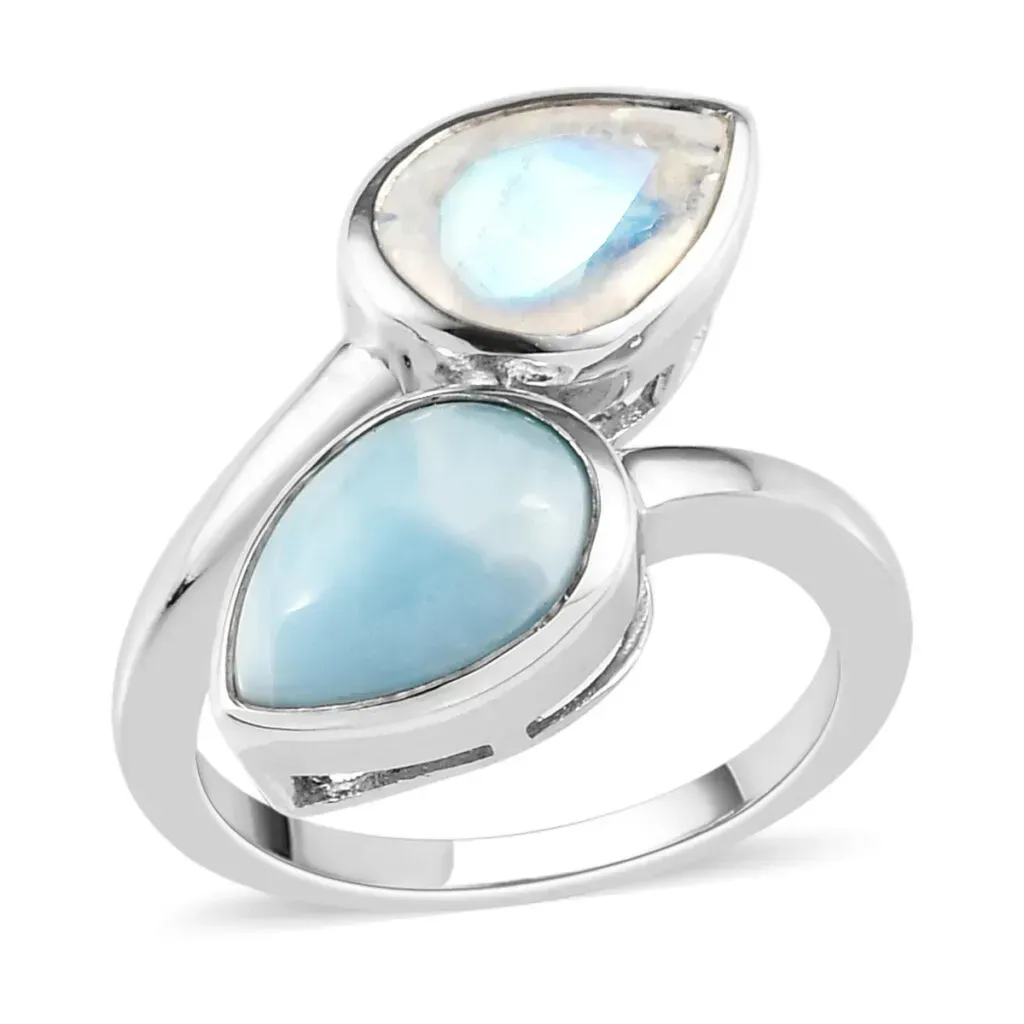 Larimar and Moon Glow Moonstone Bypass Ring in Platinum Over Sterling Silver 4.15 ctw