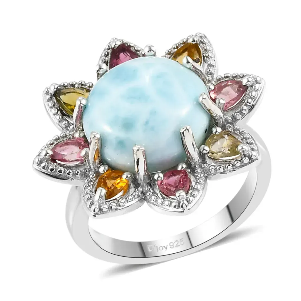 Larimar and Multi-Tourmaline Floral Ring in Platinum Over Sterling Silver 8.85 ctw