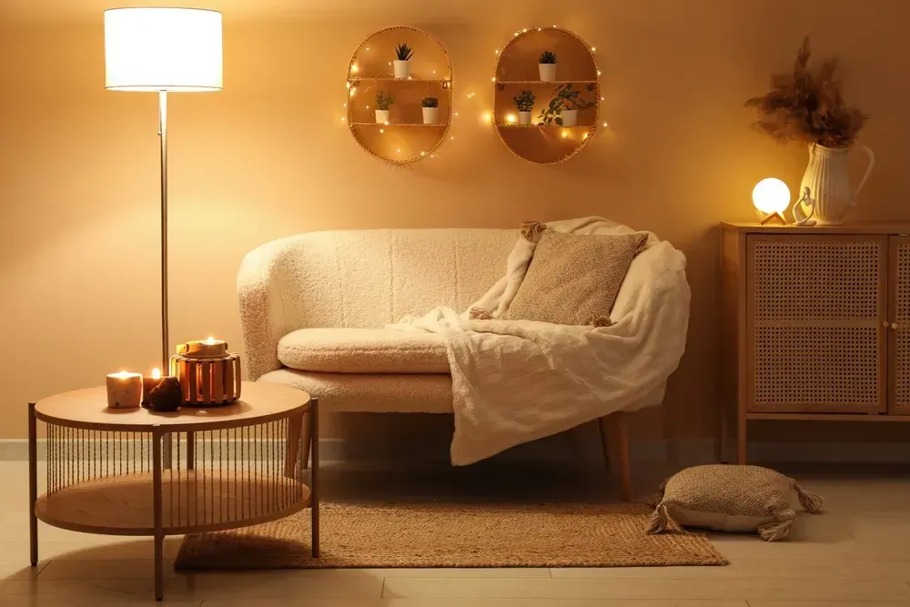 Modern interior of living room with stylish sofa and burning candles on table.