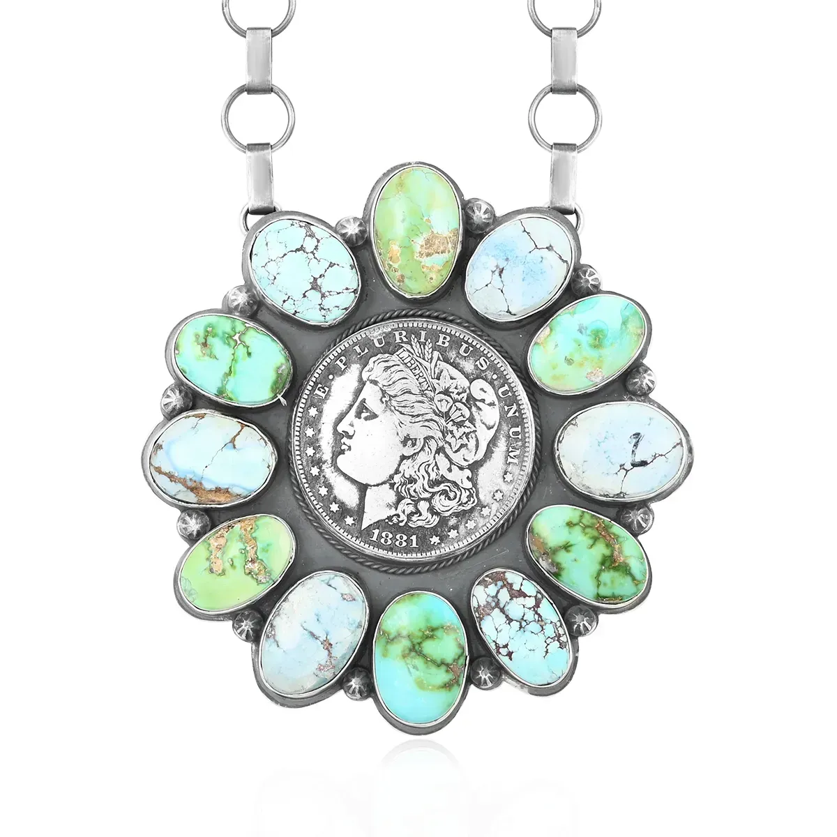ONE OF A KIND SANTA FE Style Multi Turquoise Lucky Coin Floral Statement Necklace