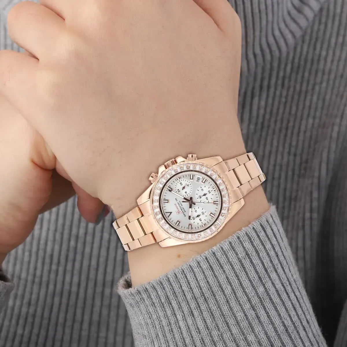Lustro Stella Genoa Finest CZ Multi-Function Movement Watch, ION Plated Rose Gold Stainless Steel Watch