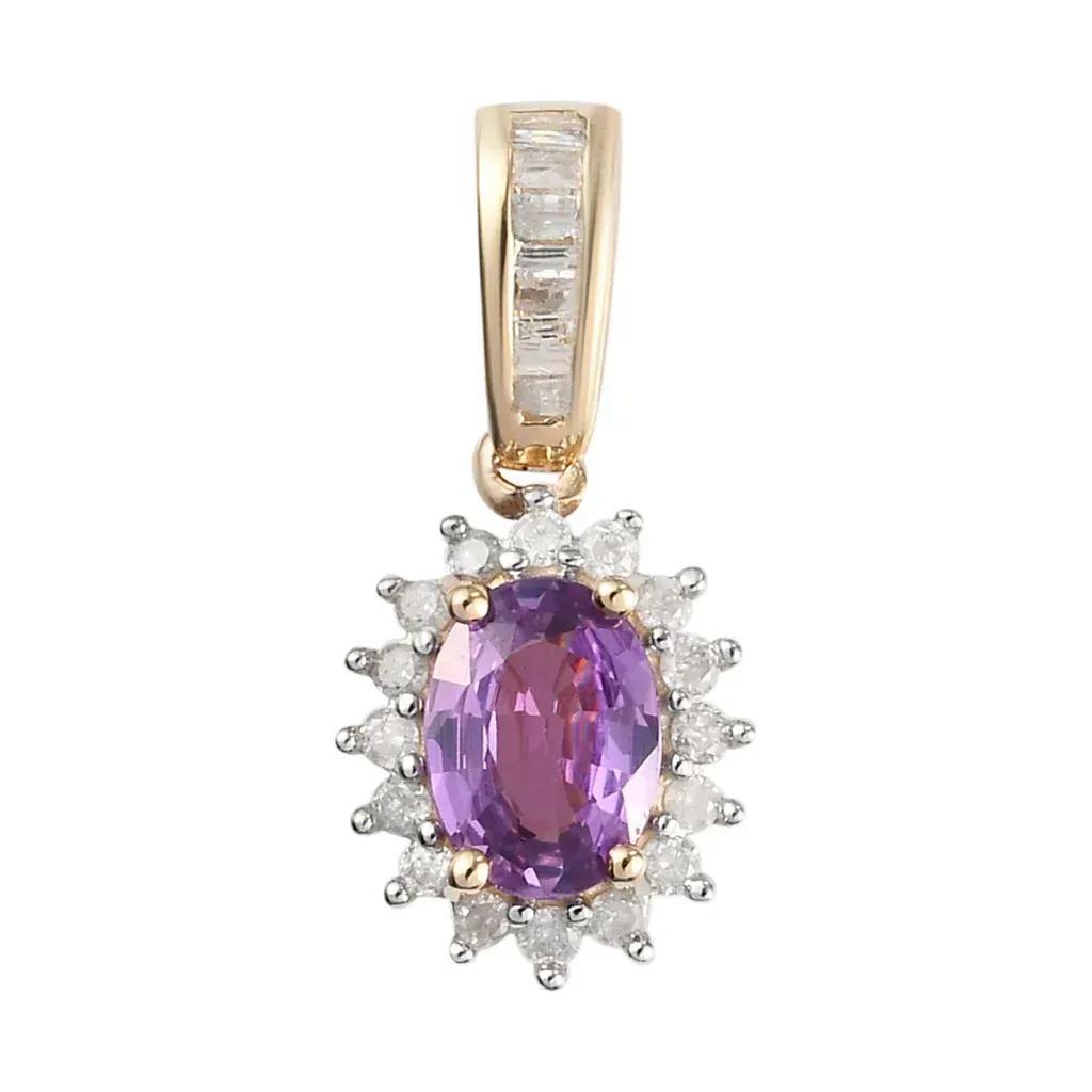 LUXORO 10K Yellow Gold AAA Purple Sapphire and Diamond Halo Pendant 1.00 ctw