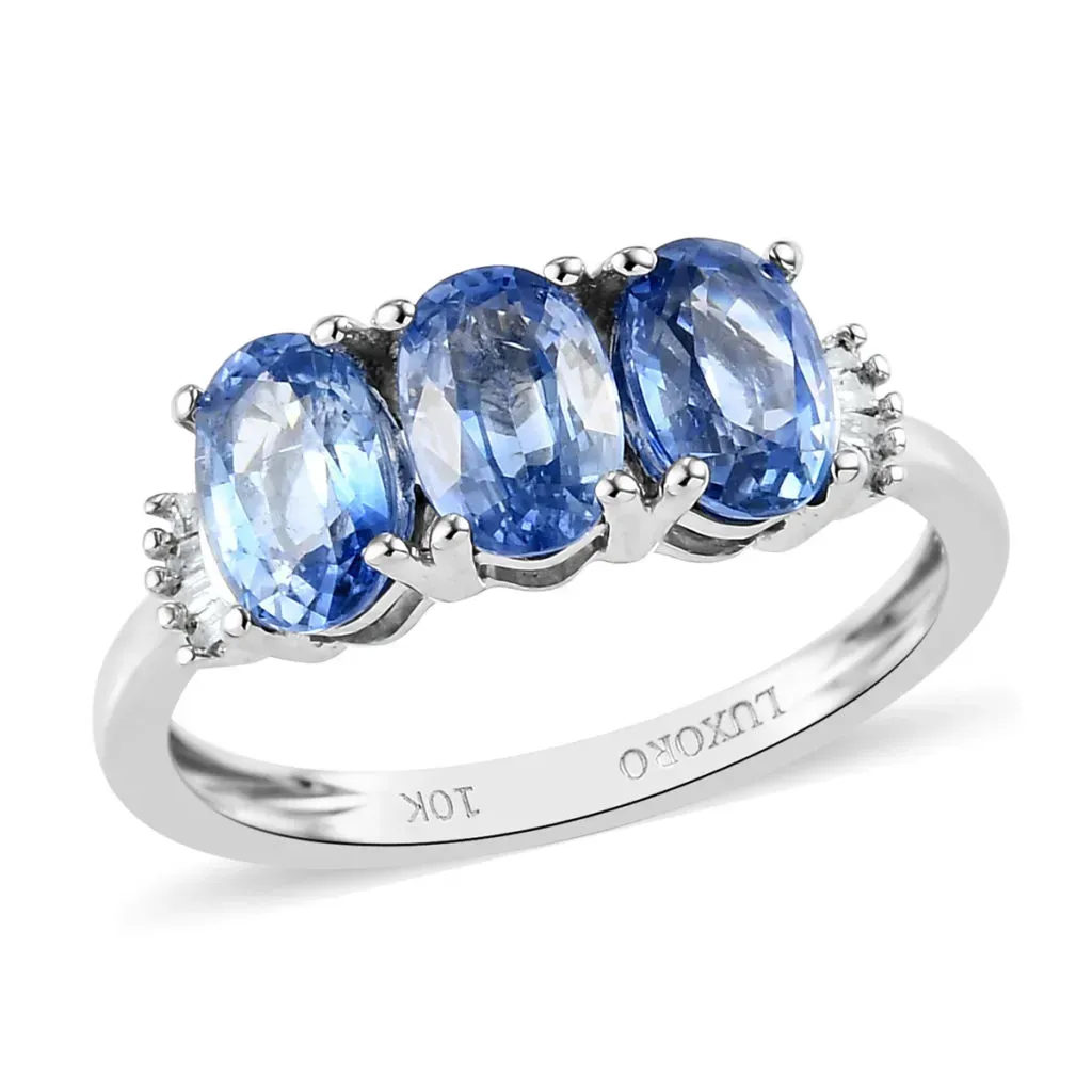 LUXORO 10K White Gold AAA Ceylon Blue Sapphire and Diamond 3 Stone Ring 1.85 ctw
