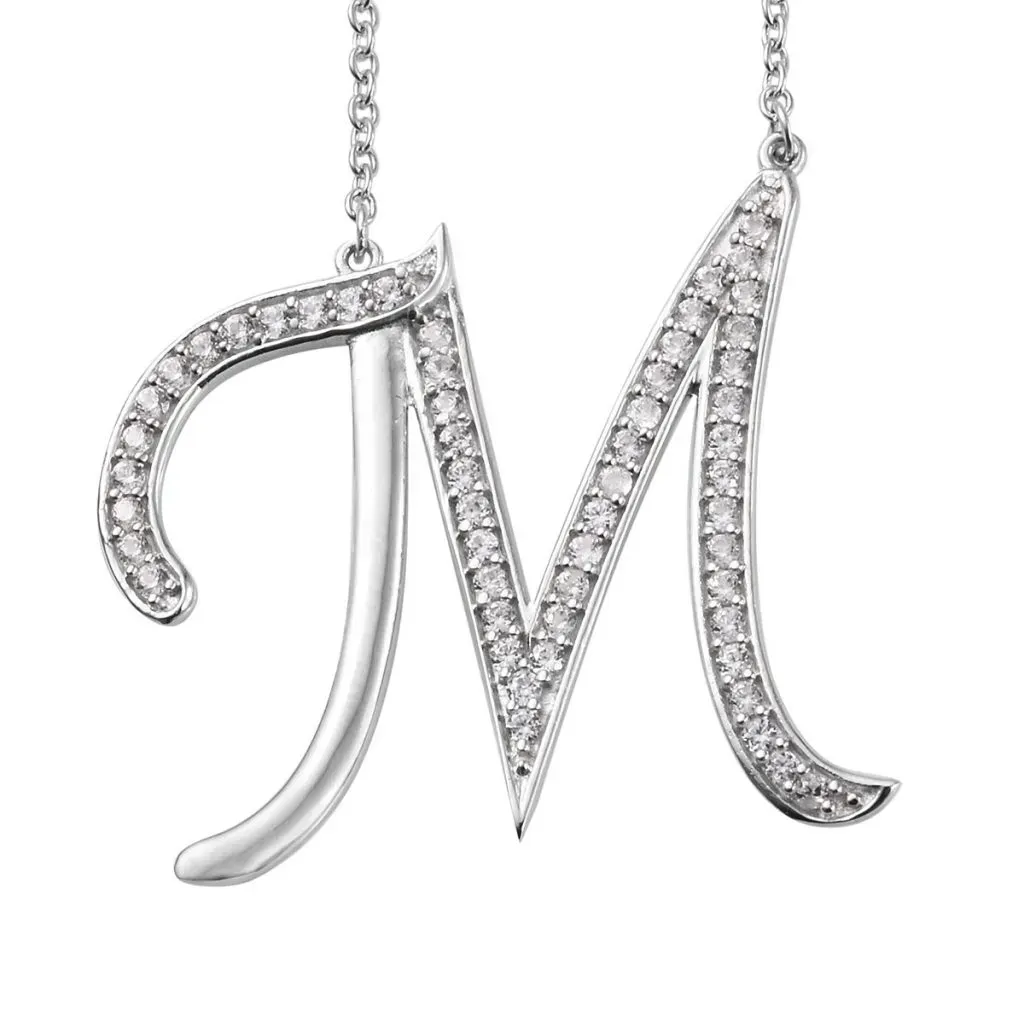 Initial M Necklace Featuring Cambodian White Zircon in Platinum Over Sterling Silver