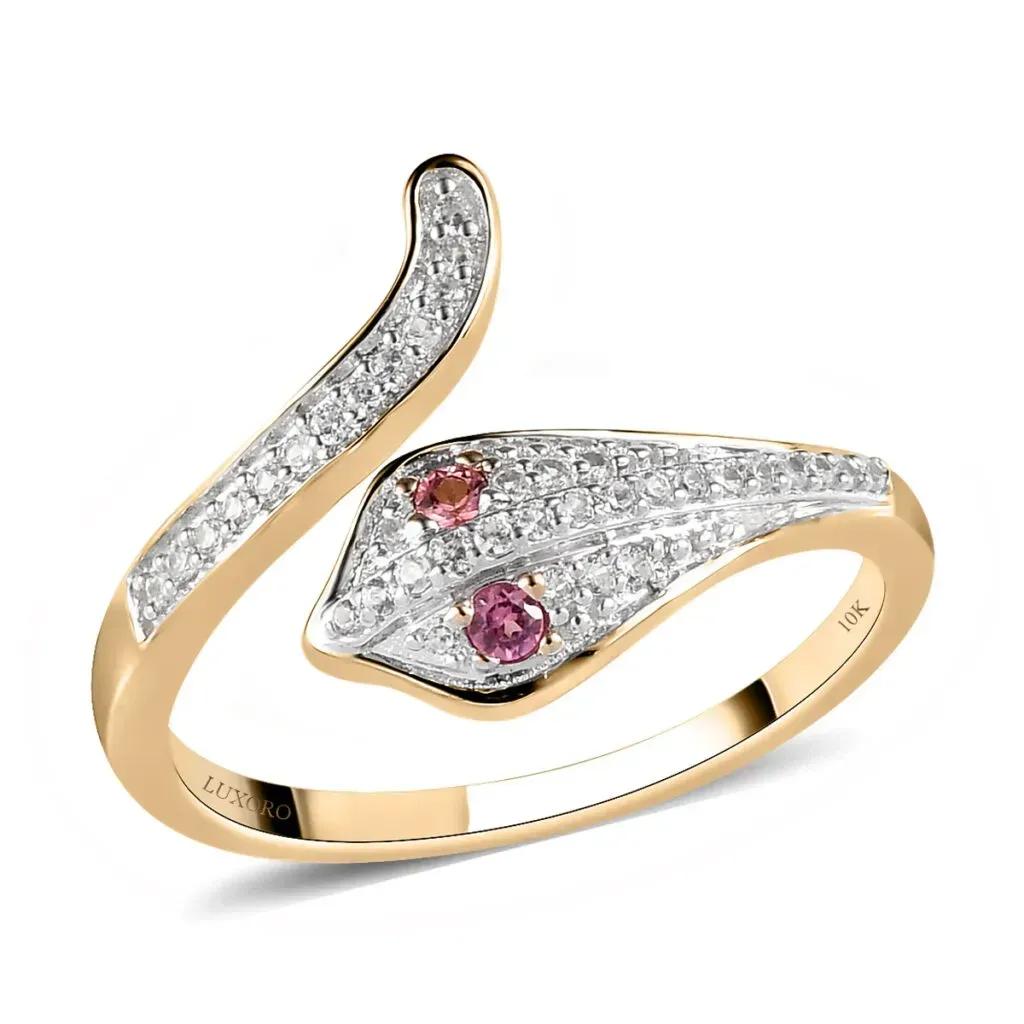 LUXORO 10K Yellow Gold Premium Morro Redondo Pink Tourmaline and Natural White Zircon Snake Ring