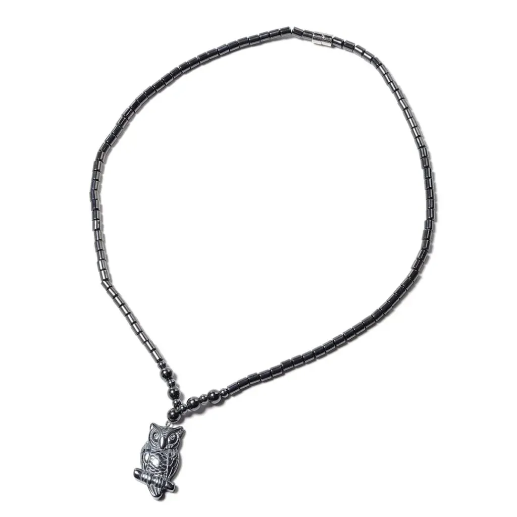 Hematite Beaded Necklace 20 Inches with Owl Pendant in Stainless Steel