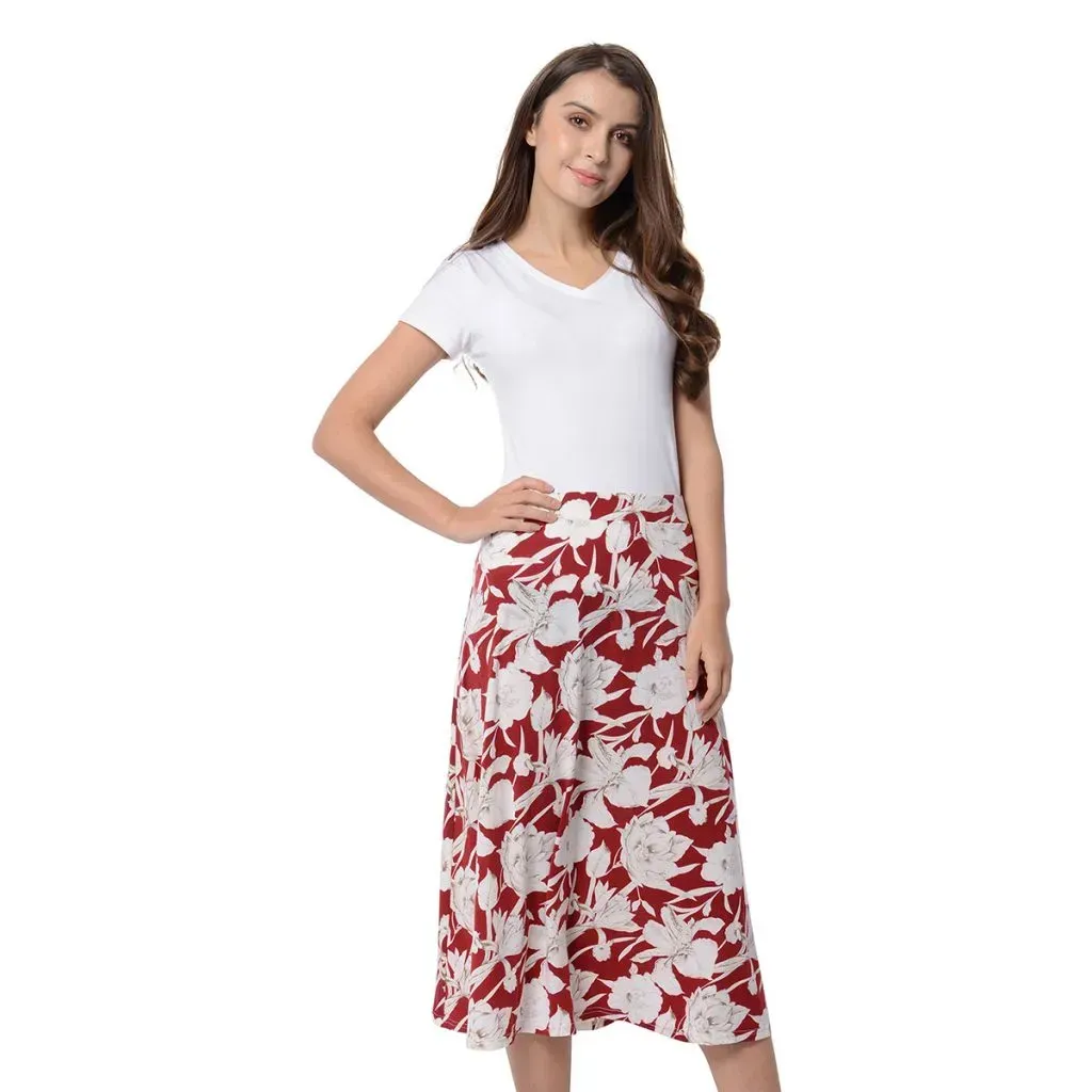 Marigold & Lotus Mulberry and White Floral Pattern High Waist Elastic Midi Skirt