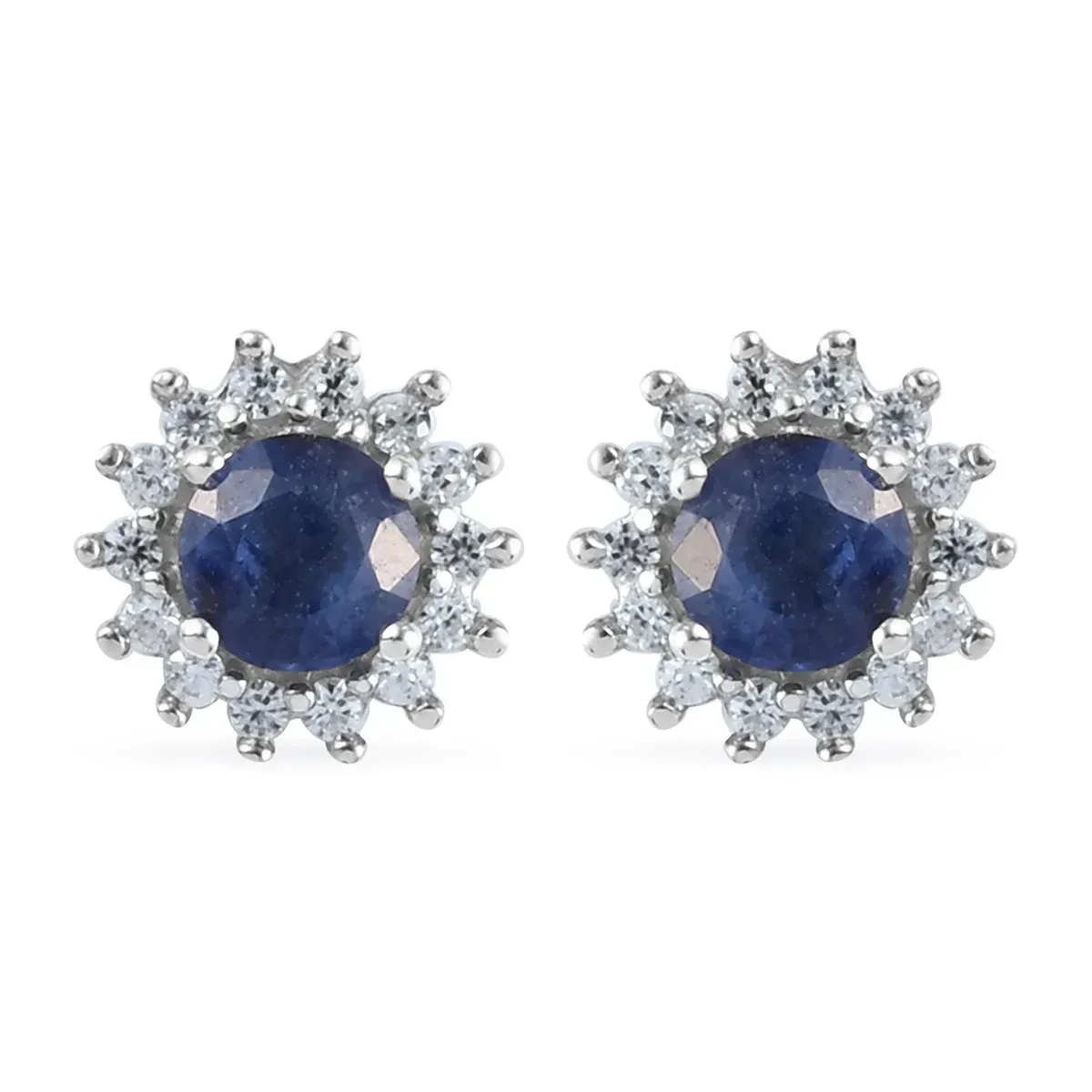 Masoala Sapphire and Zircon Halo Stud Earrings in Platinum Over Sterling Silver